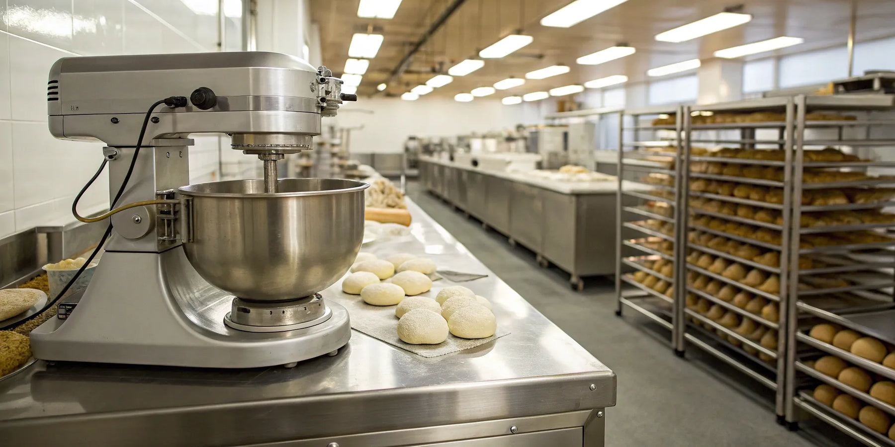 KitchenAid 8qt commercial mixer with dough balls.