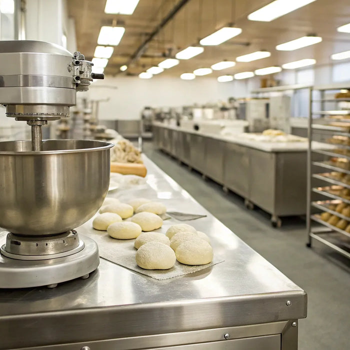 KitchenAid 8qt commercial mixer with dough balls.