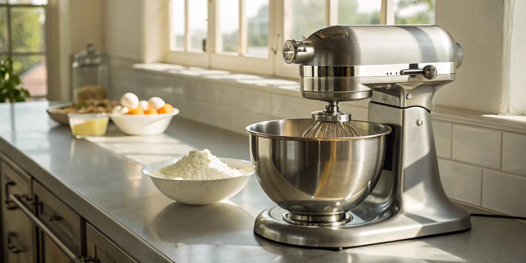 KitchenAid Heavy Duty mixer with attachments.