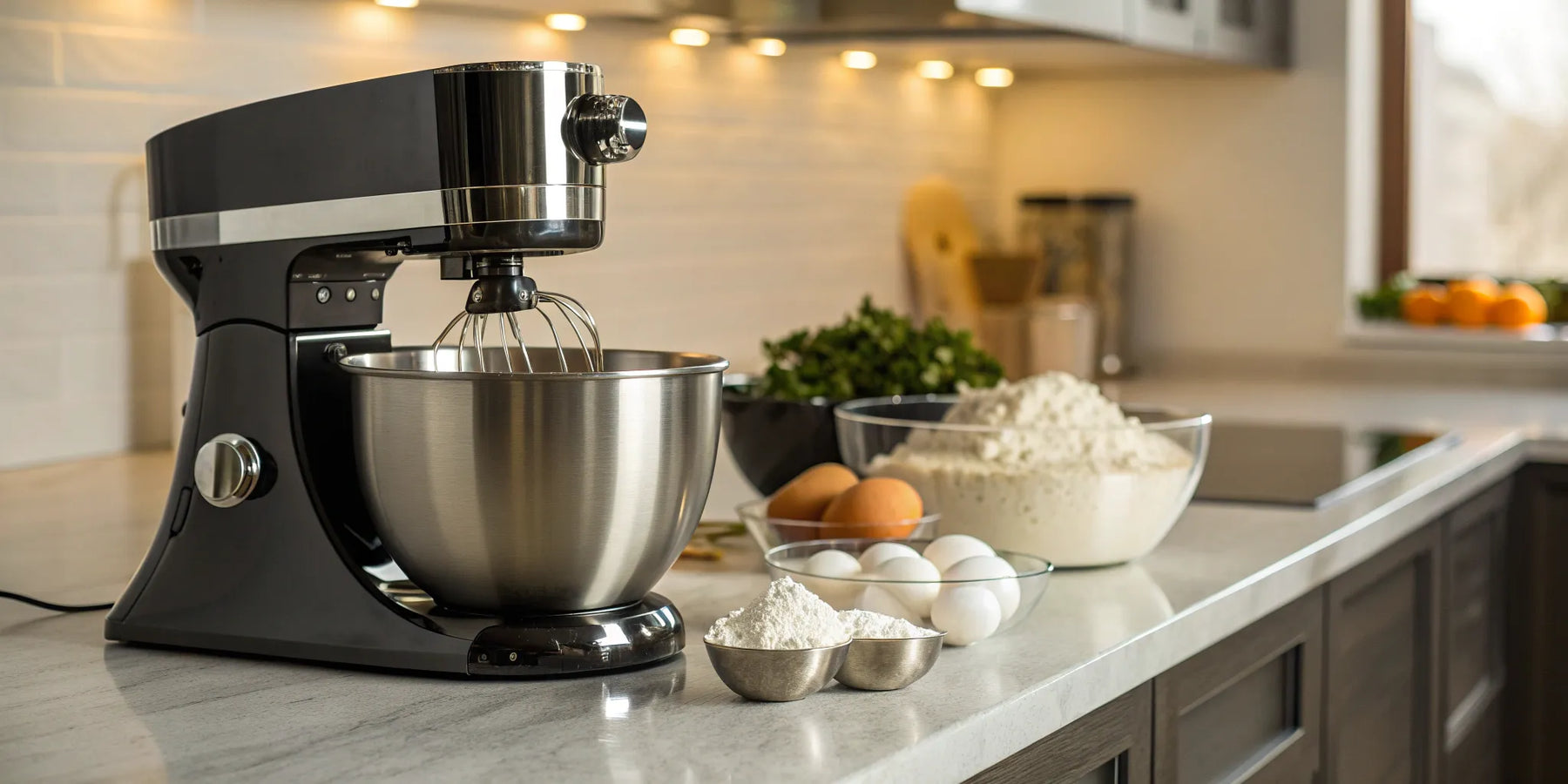 A professional KitchenAid Pro mixer on a kitchen counter with flour and eggs.