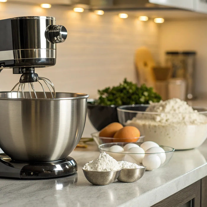 A professional KitchenAid Pro mixer on a kitchen counter with flour and eggs.