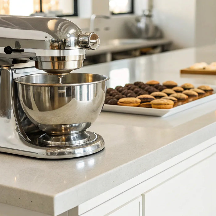 KitchenAid stand mixer in a kitchen.