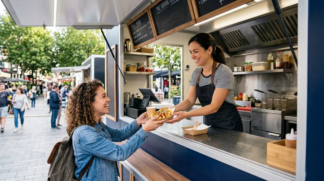 A food truck operator serving a smiling customer through the truck's service window in a realistic street-food scene