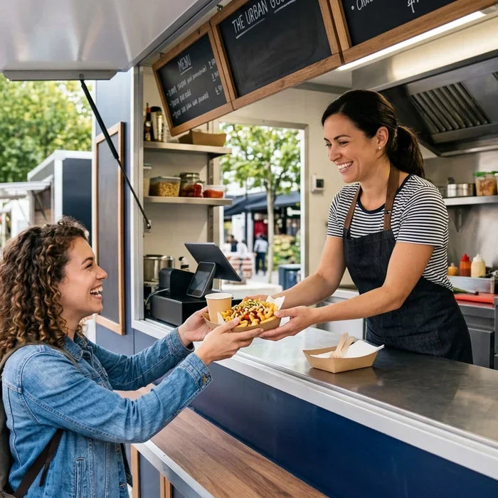 A food truck operator serving a smiling customer through the truck's service window in a realistic street-food scene