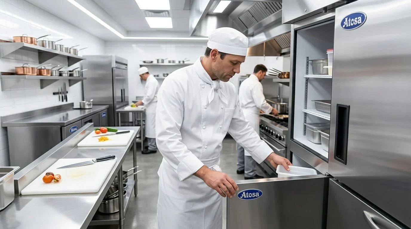Professional chef working near Atosa refrigerators in a modern commercial kitchen