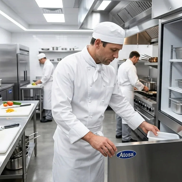 Professional chef working near Atosa refrigerators in a modern commercial kitchen