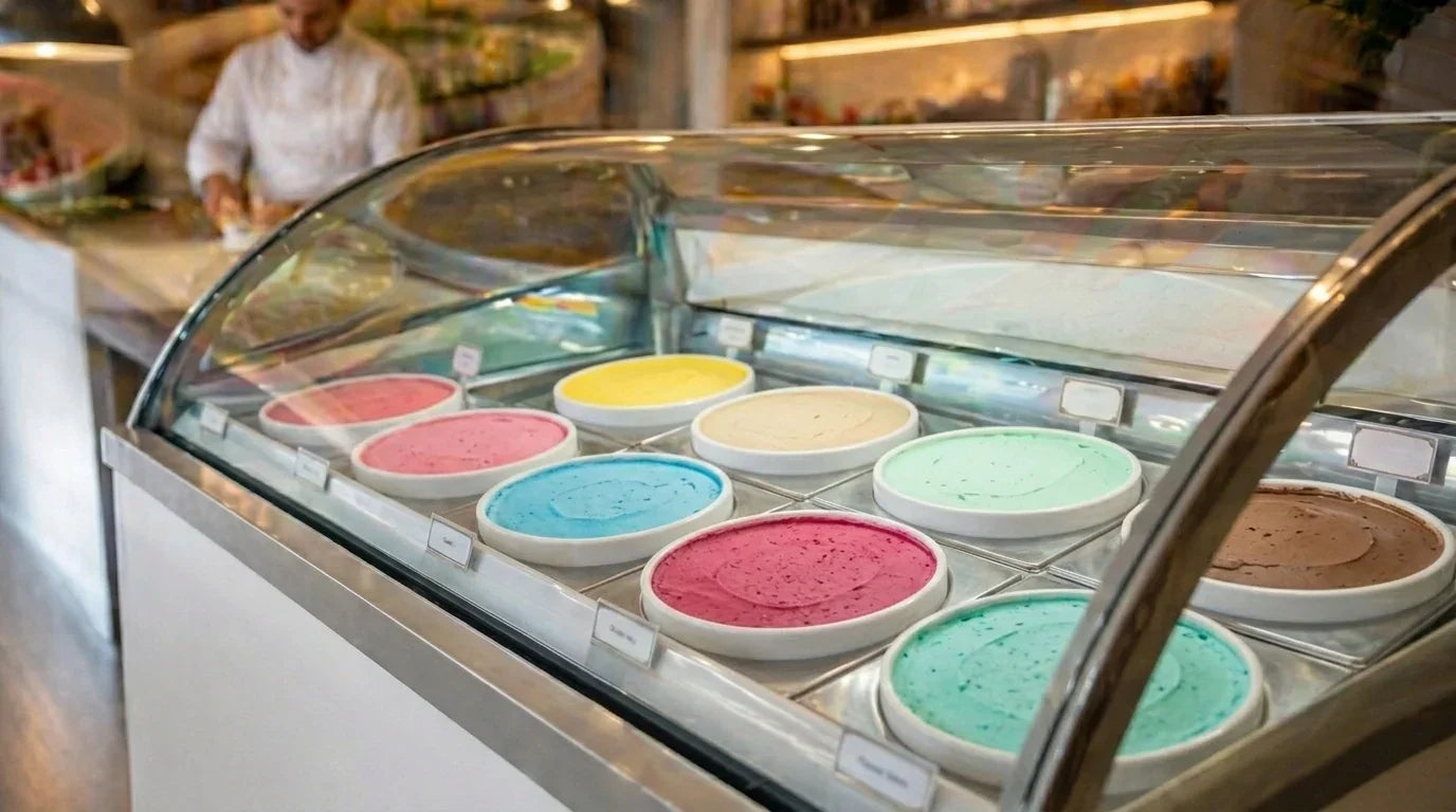 commercial dip freezer displaying circular round tubs of ice cream 