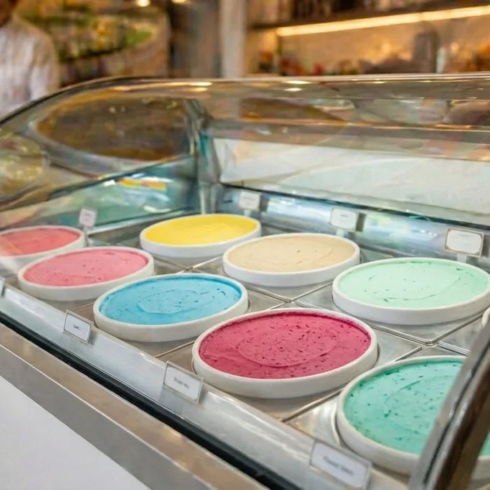 commercial dip freezer displaying circular round tubs of ice cream 