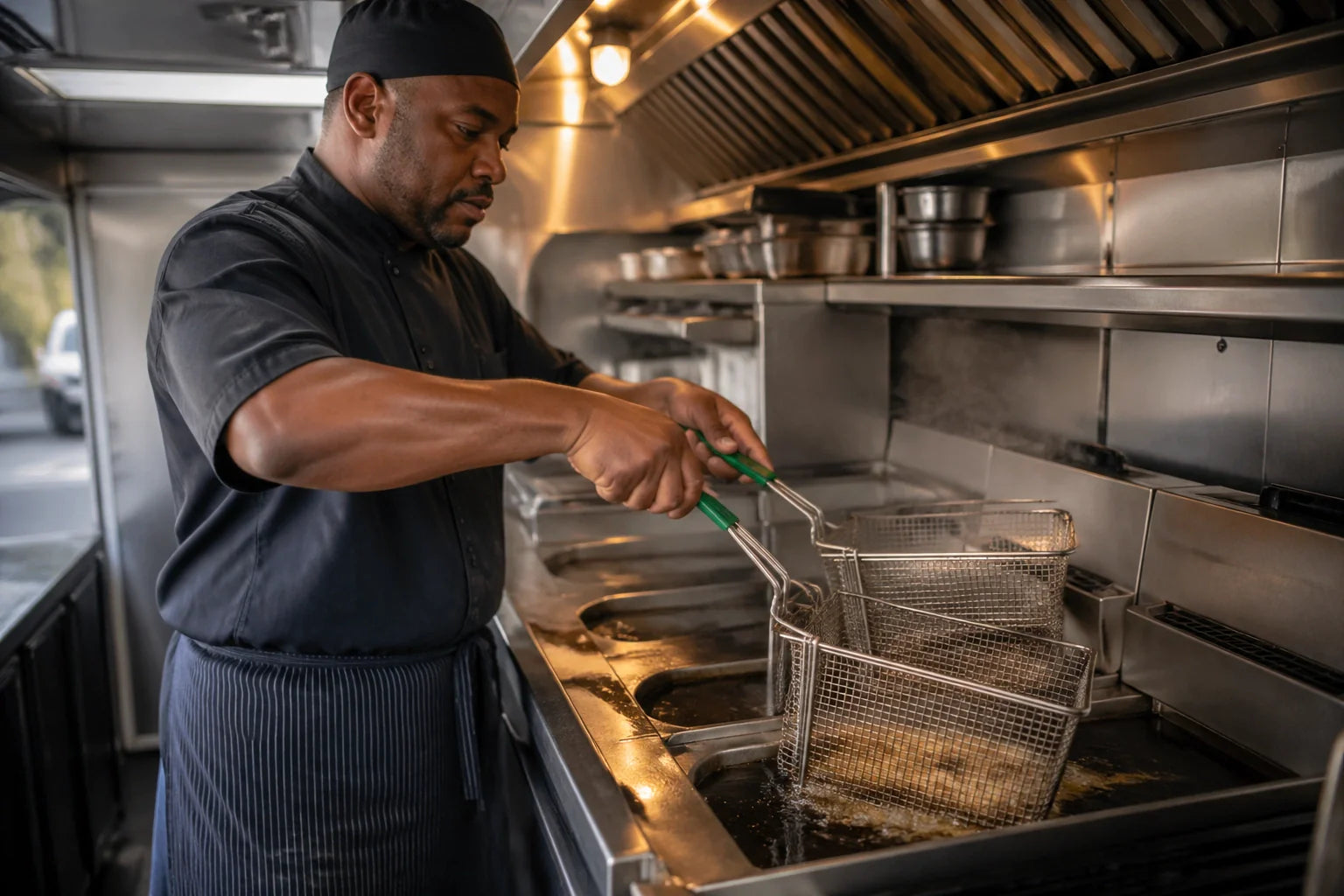 A professional chef in a matte-finish food truck kitchen dropping fry baskets into bubbling oil at a high-output station