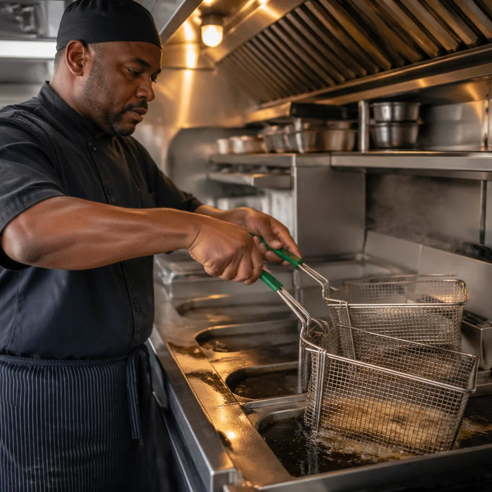 A professional chef in a matte-finish food truck kitchen dropping fry baskets into bubbling oil at a high-output station