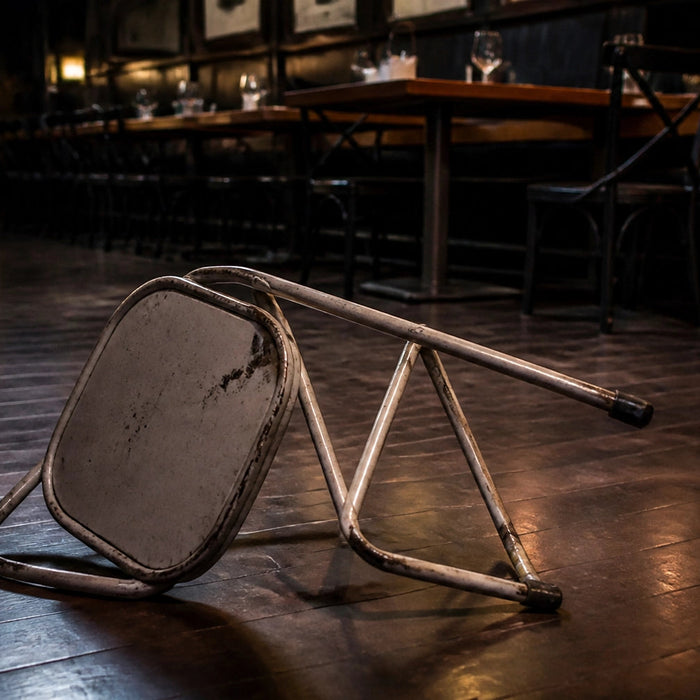 Damaged folding chair on a restaurant floor - illustrating the liability risk of residential-grade seating in commercial venues