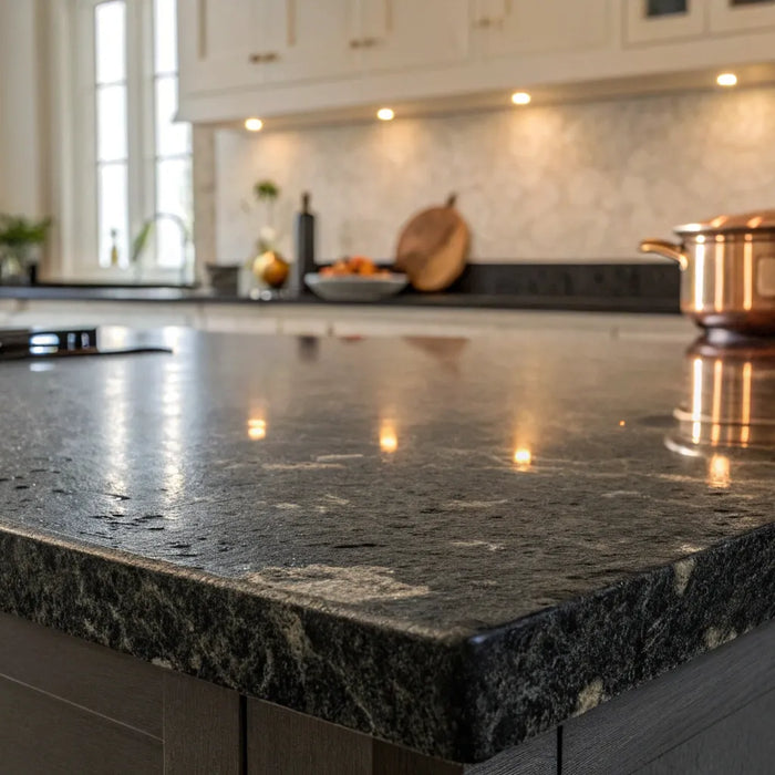 A dark, textured lava rock countertop in a modern kitchen.