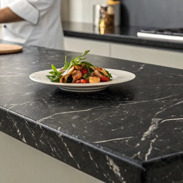 Chef plating a dish on a durable and veined black lava rock countertop.