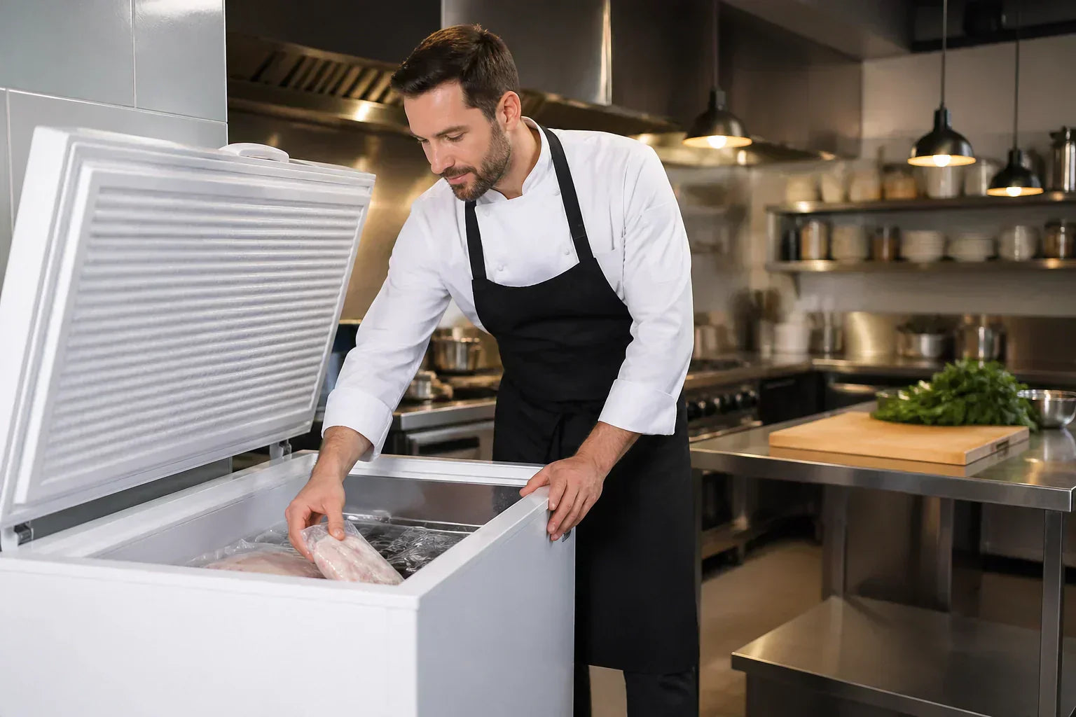 Chef opening a 10 cu ft chest freezer