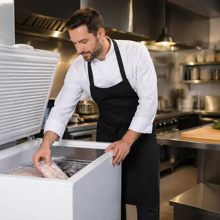 Chef opening a 10 cu ft chest freezer