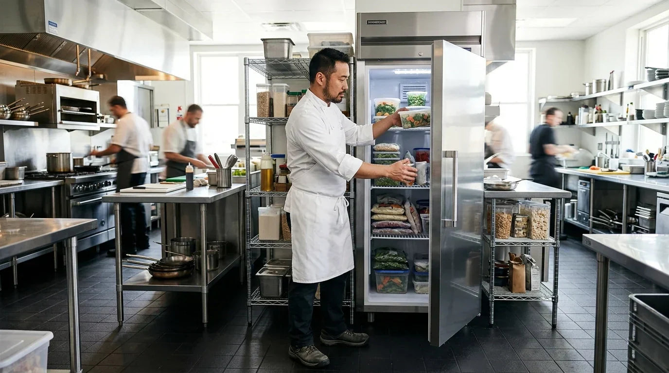 A professional chef reaching into a high-quality stainless steel commercial freezer in a busy kitchen