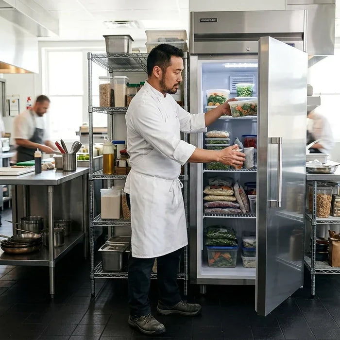 A professional chef reaching into a high-quality stainless steel commercial freezer in a busy kitchen