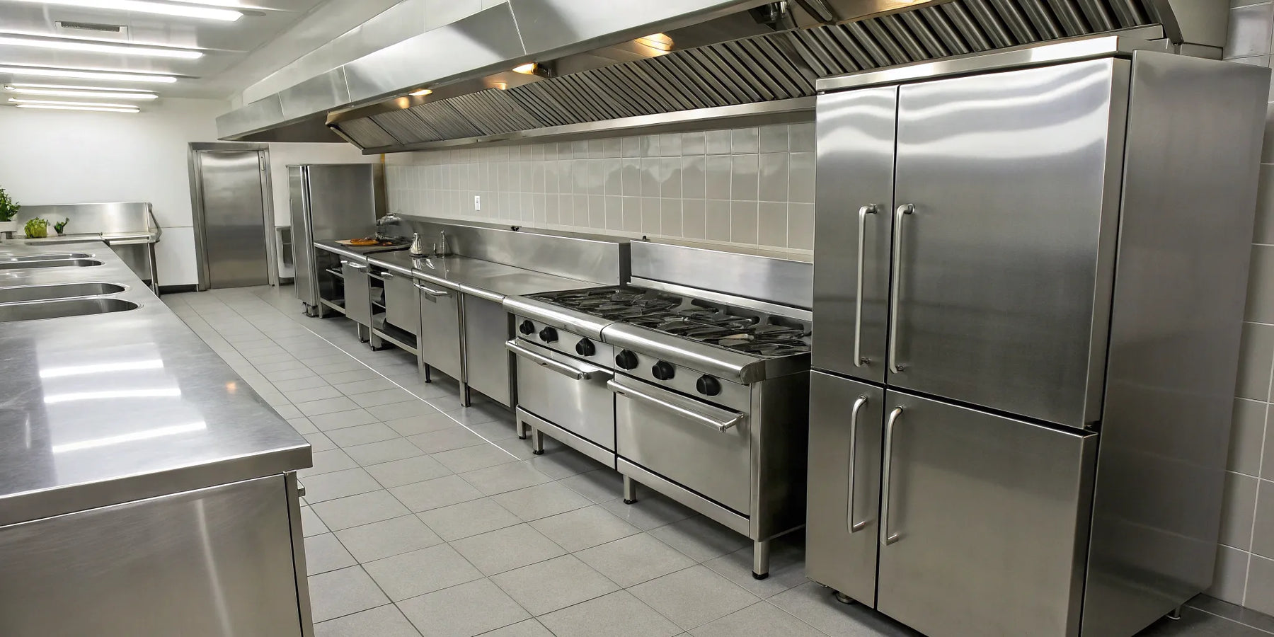 Various stainless steel materials used for equipment in a commercial restaurant kitchen.