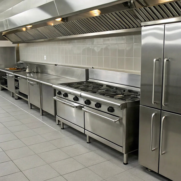 Various stainless steel materials used for equipment in a commercial restaurant kitchen.
