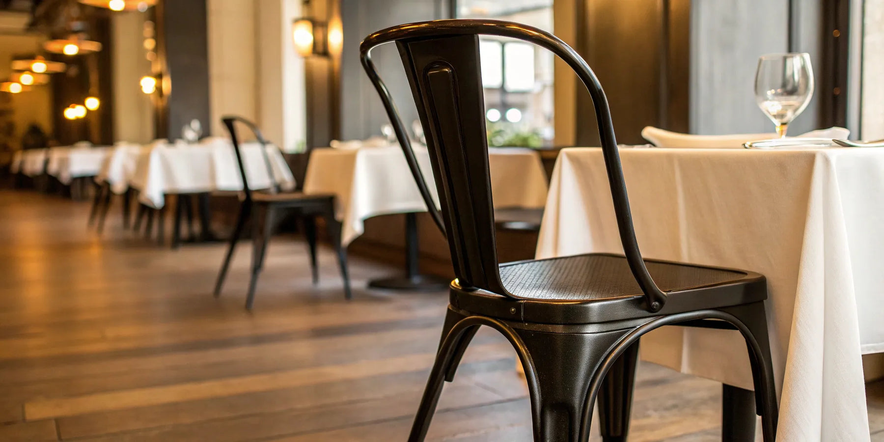 Sleek metal black chair in a restaurant setting.