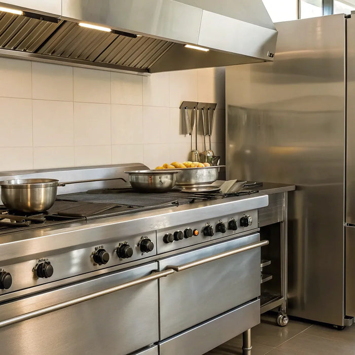 Essential commercial kitchen equipment for Milwaukee restaurants, including a range and prep table.