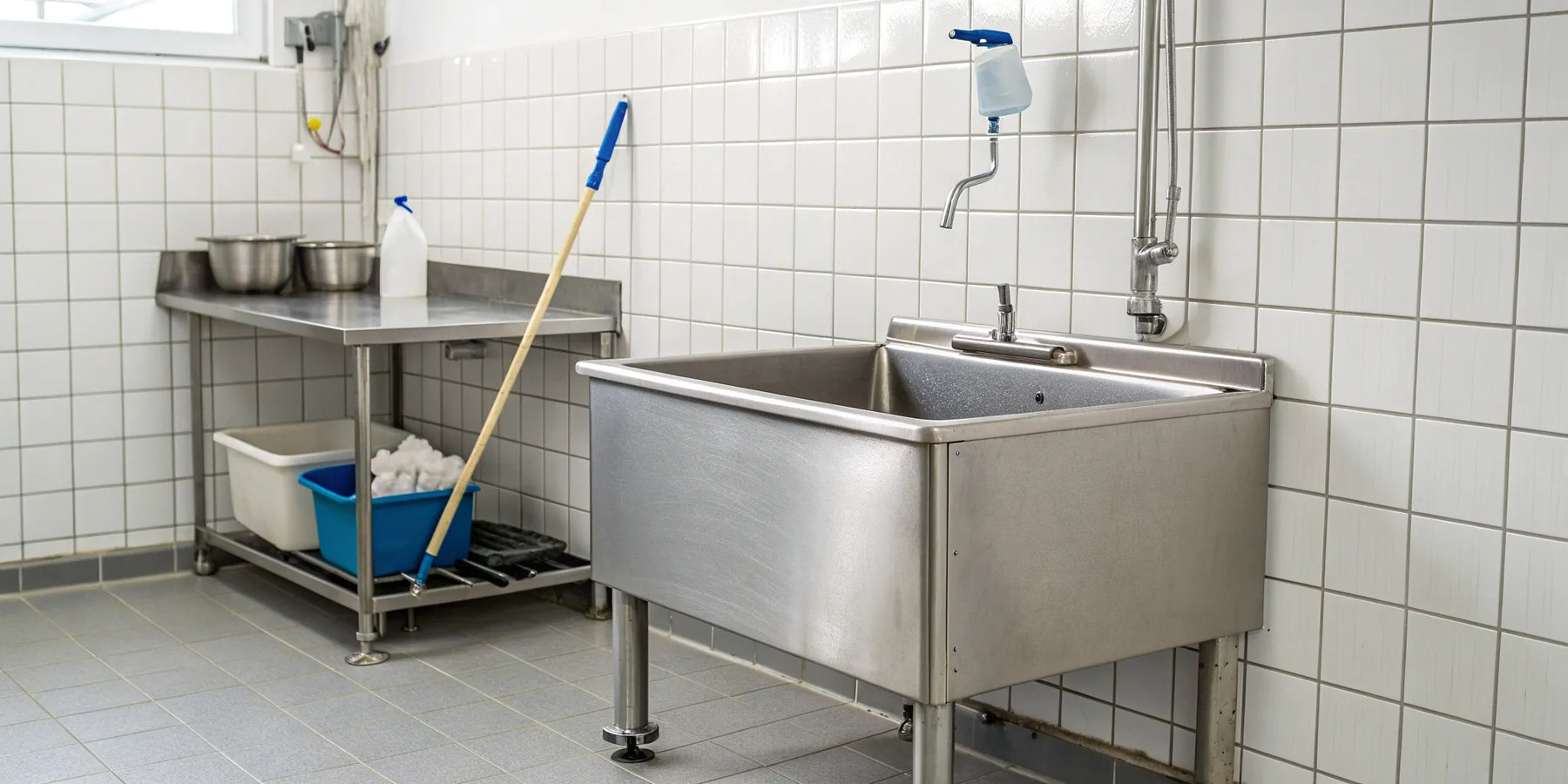A standard size commercial mop sink in stainless steel with a mop and faucet.