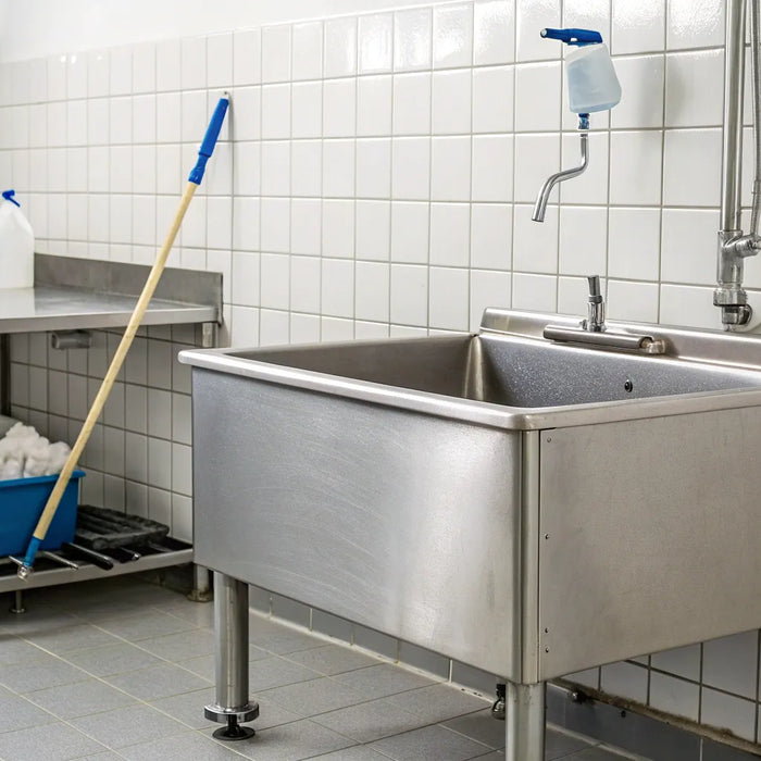 A standard size commercial mop sink in stainless steel with a mop and faucet.