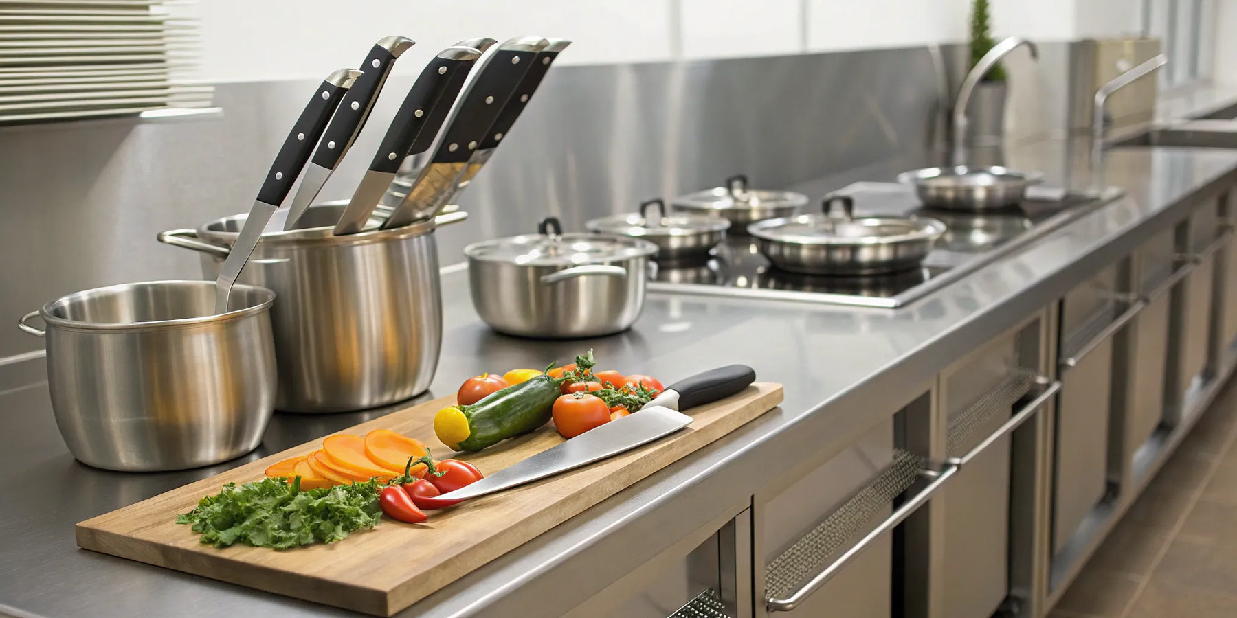 Essential restaurant kitchen tools: chef's knife, cutting board, and cast iron pan.