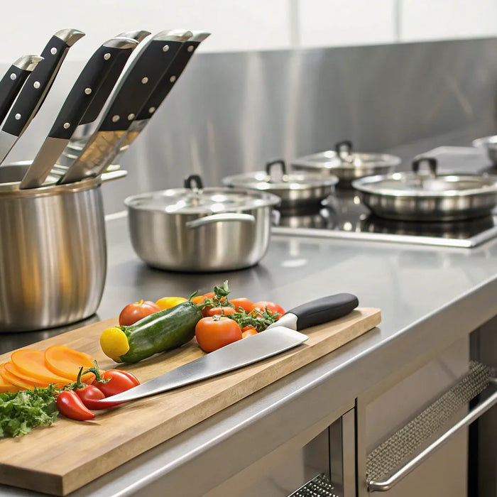 Essential restaurant kitchen tools: chef's knife, cutting board, and cast iron pan.