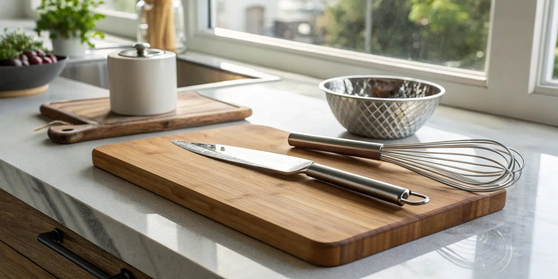 Essential kitchen utensils on a wooden cutting board.