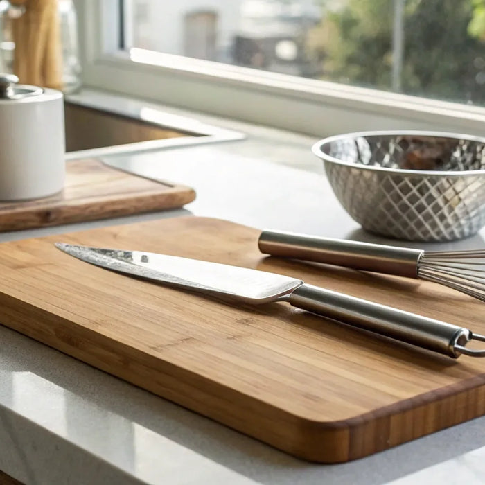 Essential kitchen utensils on a wooden cutting board.