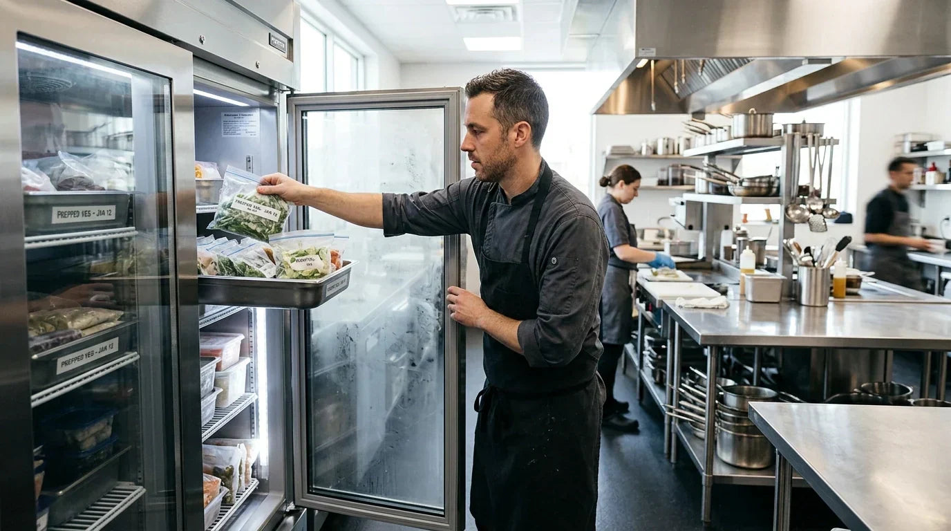 A focused professional chef working in a high-volume commercial kitchen with an Atosa single-door freezer