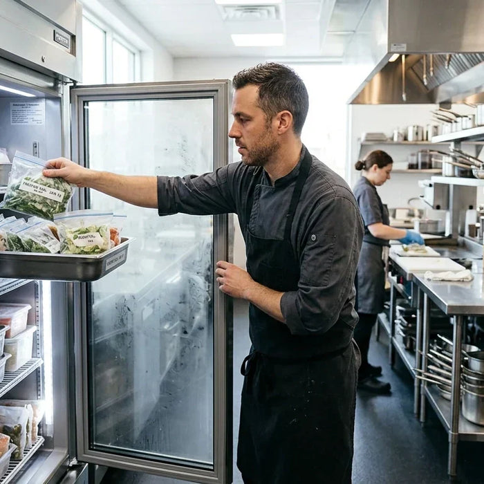 A focused professional chef working in a high-volume commercial kitchen with an Atosa single-door freezer