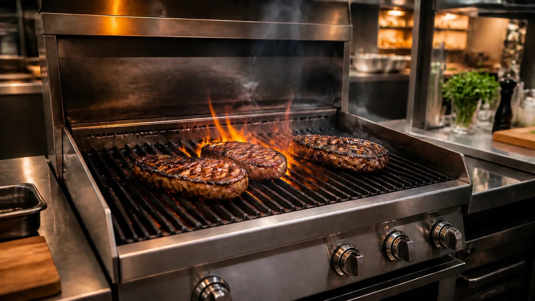 Commercial gas charbroiler with cast iron grates for high-volume restaurant cooklines