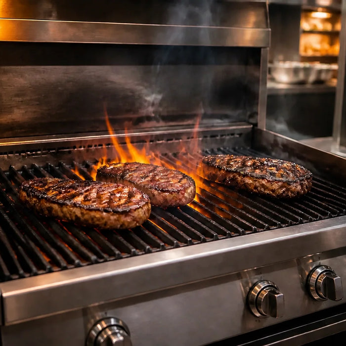 Commercial gas charbroiler with cast iron grates for high-volume restaurant cooklines