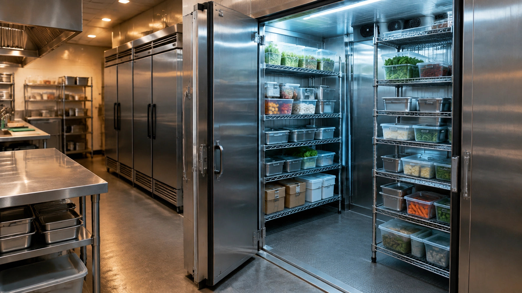 Open commercial walk-in cooler with food containers on wire shelving beside stainless steel refrigeration equipment