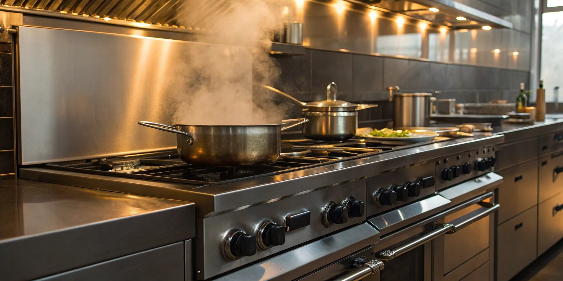 Stainless steel natural gas ranges in a professional kitchen with food cooking on the burners.