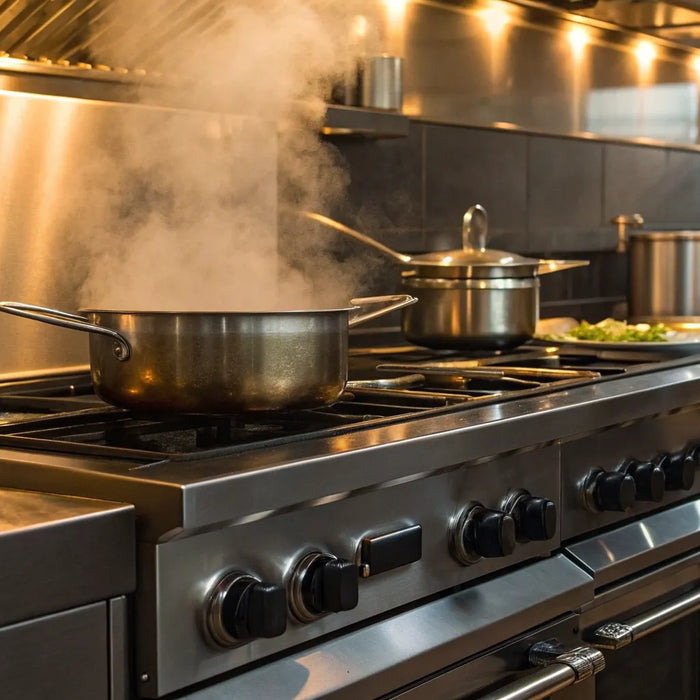 Stainless steel natural gas ranges in a professional kitchen with food cooking on the burners.