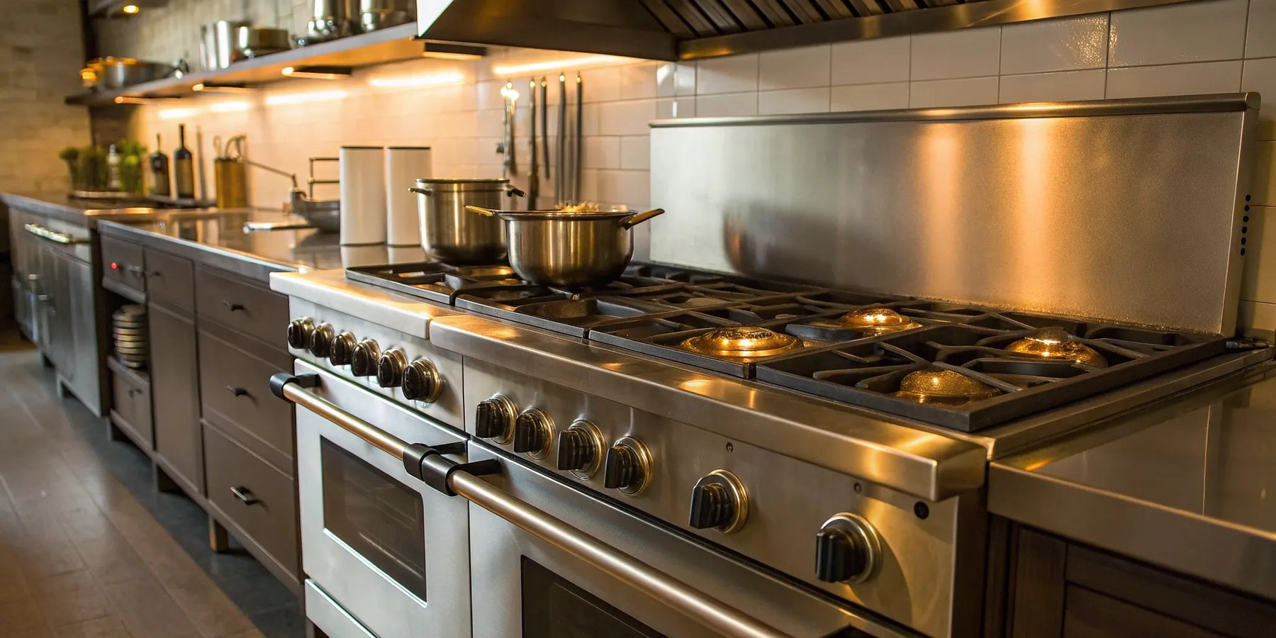 Stainless steel natural gas ranges with multiple burners in a professional kitchen.