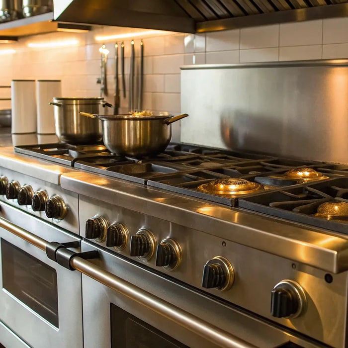 Stainless steel natural gas ranges with multiple burners in a professional kitchen.
