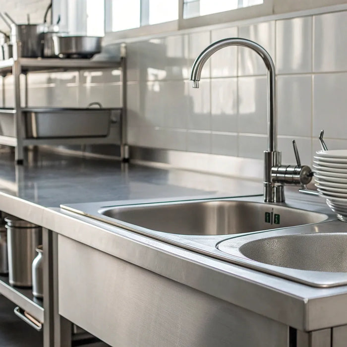 NSF-certified kitchen sink, sanitizer, and clean dishes.