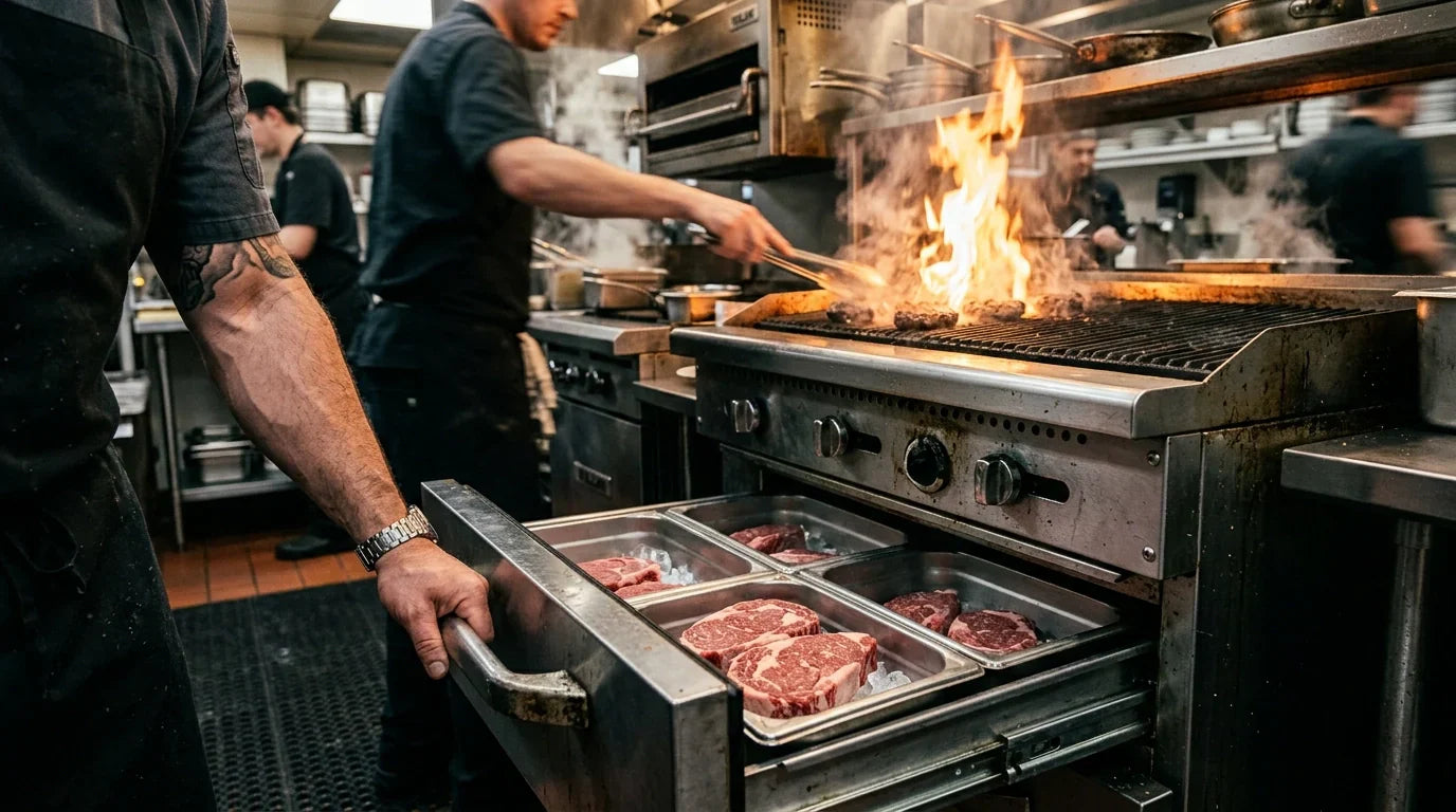 Chef pulling open an Atosa chef base drawer loaded with chilled steaks while a charbroiler flares and burgers cook above in a busy hot line