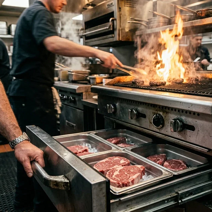 Chef pulling open an Atosa chef base drawer loaded with chilled steaks while a charbroiler flares and burgers cook above in a busy hot line