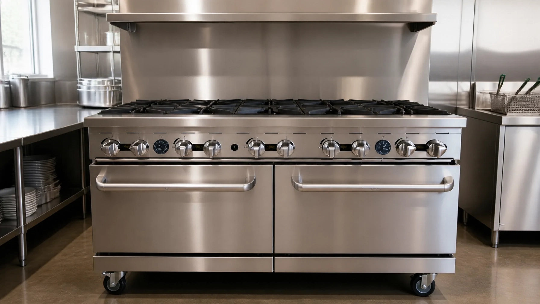 Commercial cooking range with oven hero, Atosa AGR 6 burner gas range with full size oven base on stainless cookline