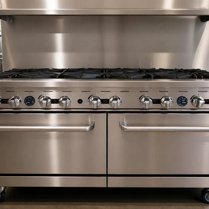 Commercial cooking range with oven hero, Atosa AGR 6 burner gas range with full size oven base on stainless cookline