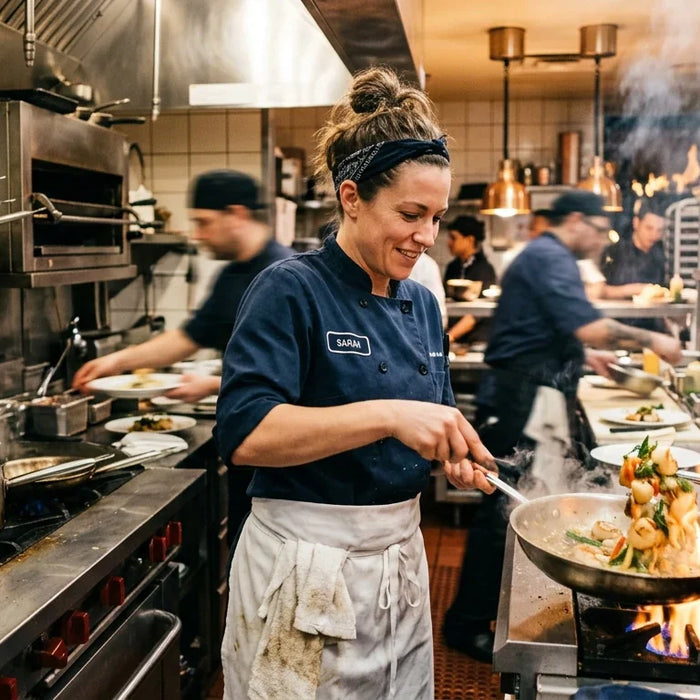Professional chef working in a high-energy commercial kitchen
