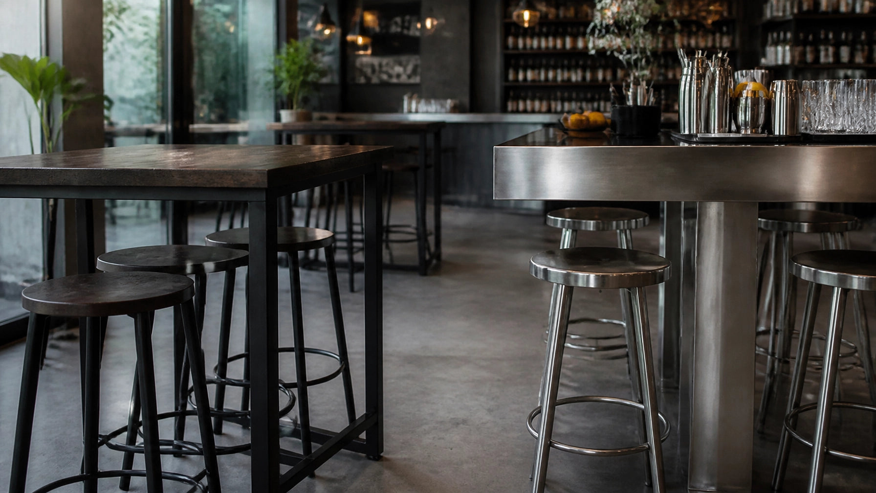 Modern restaurant setting featuring wood and stainless steel bar tables with bar-height stools in a warm, authentic atmosphere.