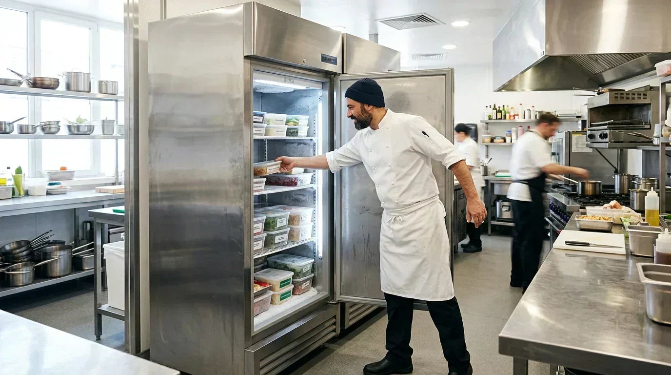 Professional chef using an upright commercial freezer in a busy kitchen