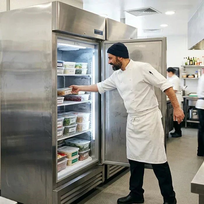 Professional chef using an upright commercial freezer in a busy kitchen