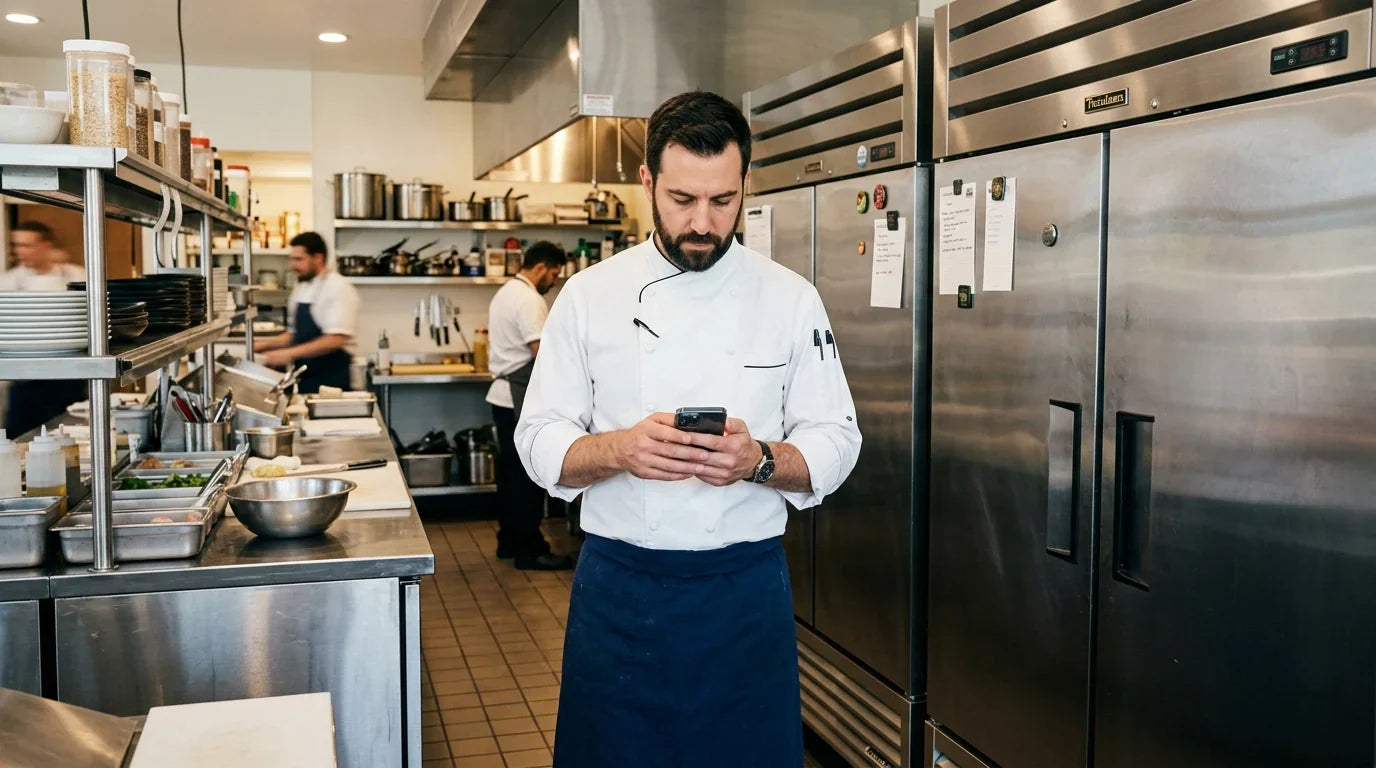 Chef in kitchen looking Atosa refrigerator and freezer operating instruction on his cellphone.